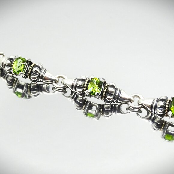 LAGOS Caviar Sterling Silver 18K Yellow Gold Faceted Green Peridot Link Bracelet - Picture 8 of 13